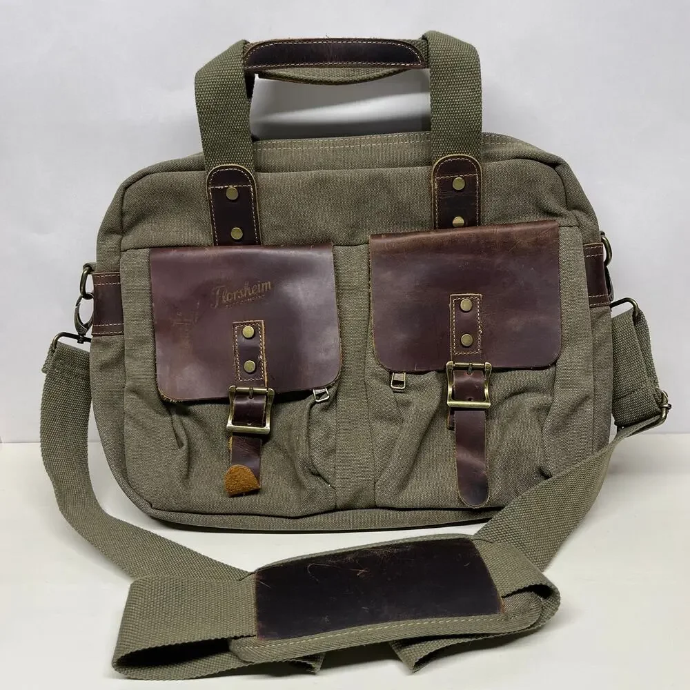 Florsheim Vintage Style Messenger Bag Briefcase Canvas and Leather